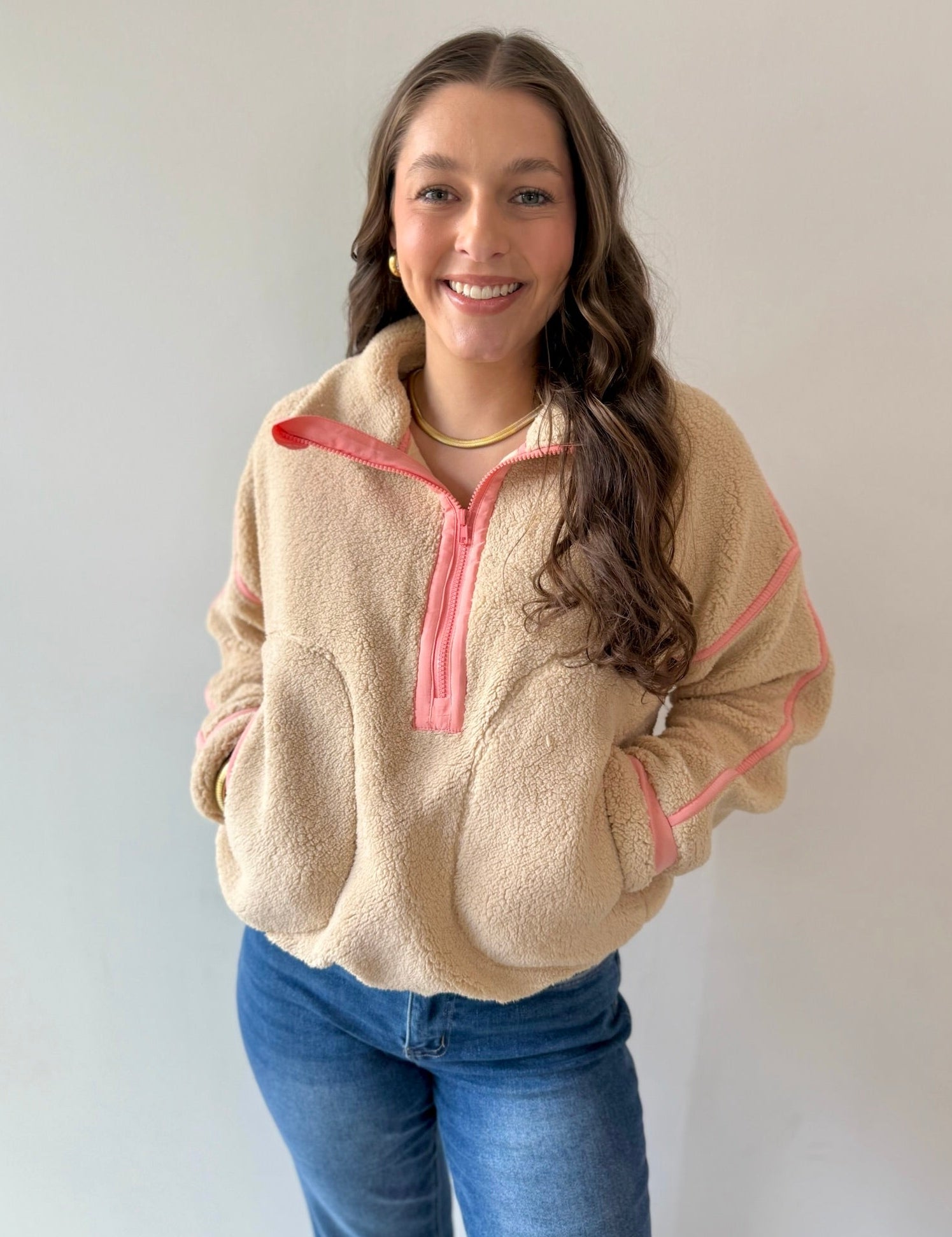 Beige Half Zip Fleece Sweatshirt