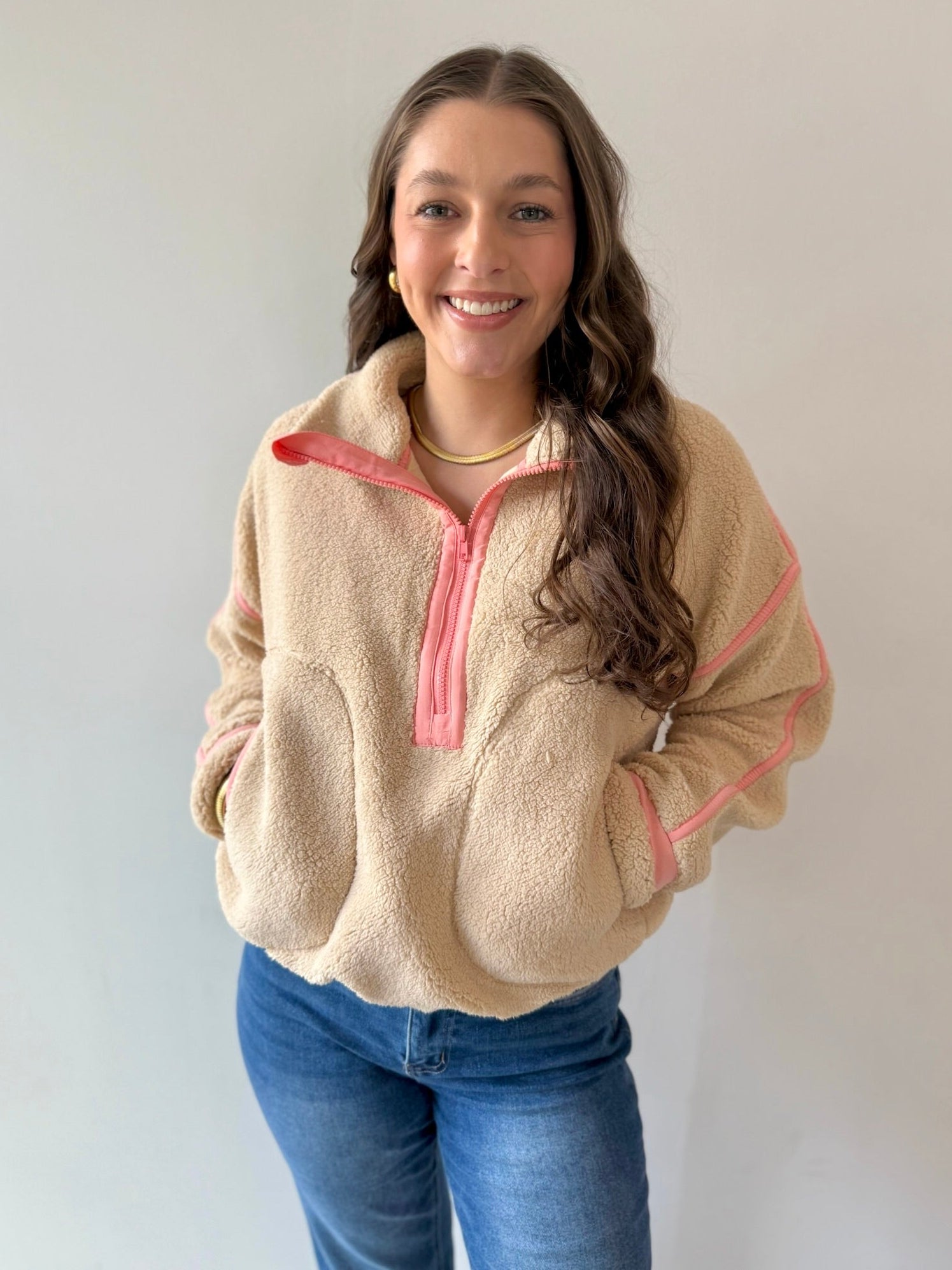 Beige Half Zip Fleece Sweatshirt