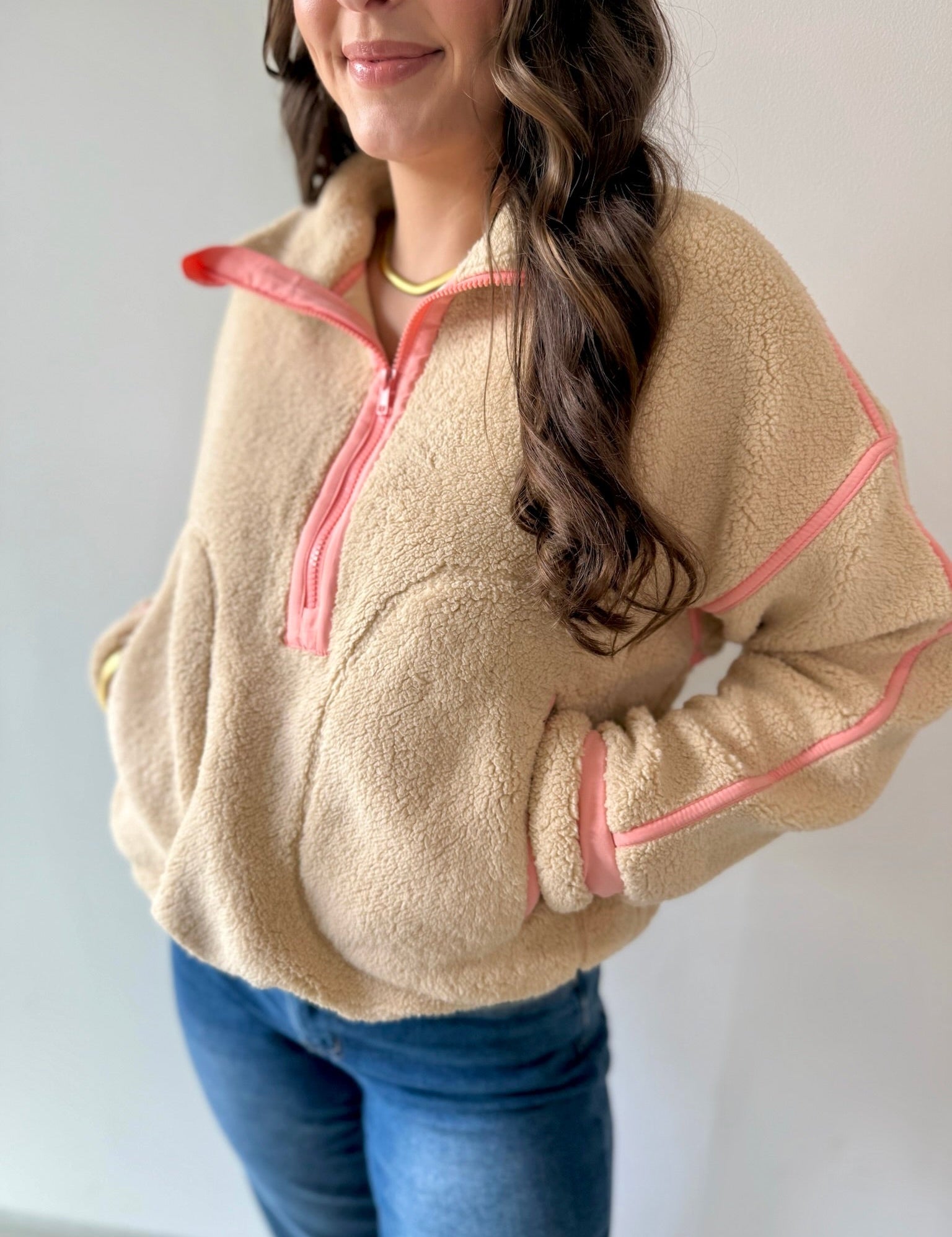 Beige Half Zip Fleece Sweatshirt