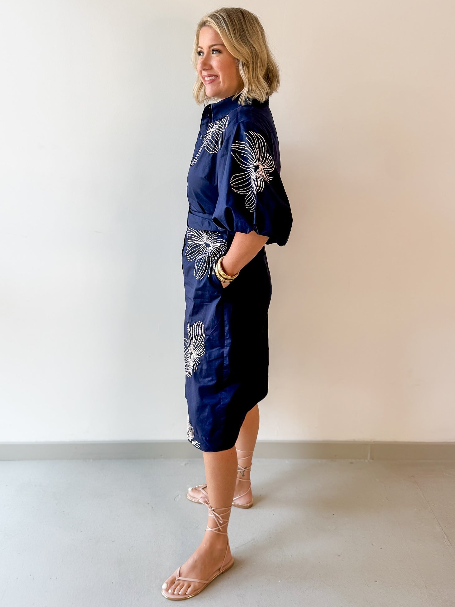 Belted Puff Sleeve Midi Dress