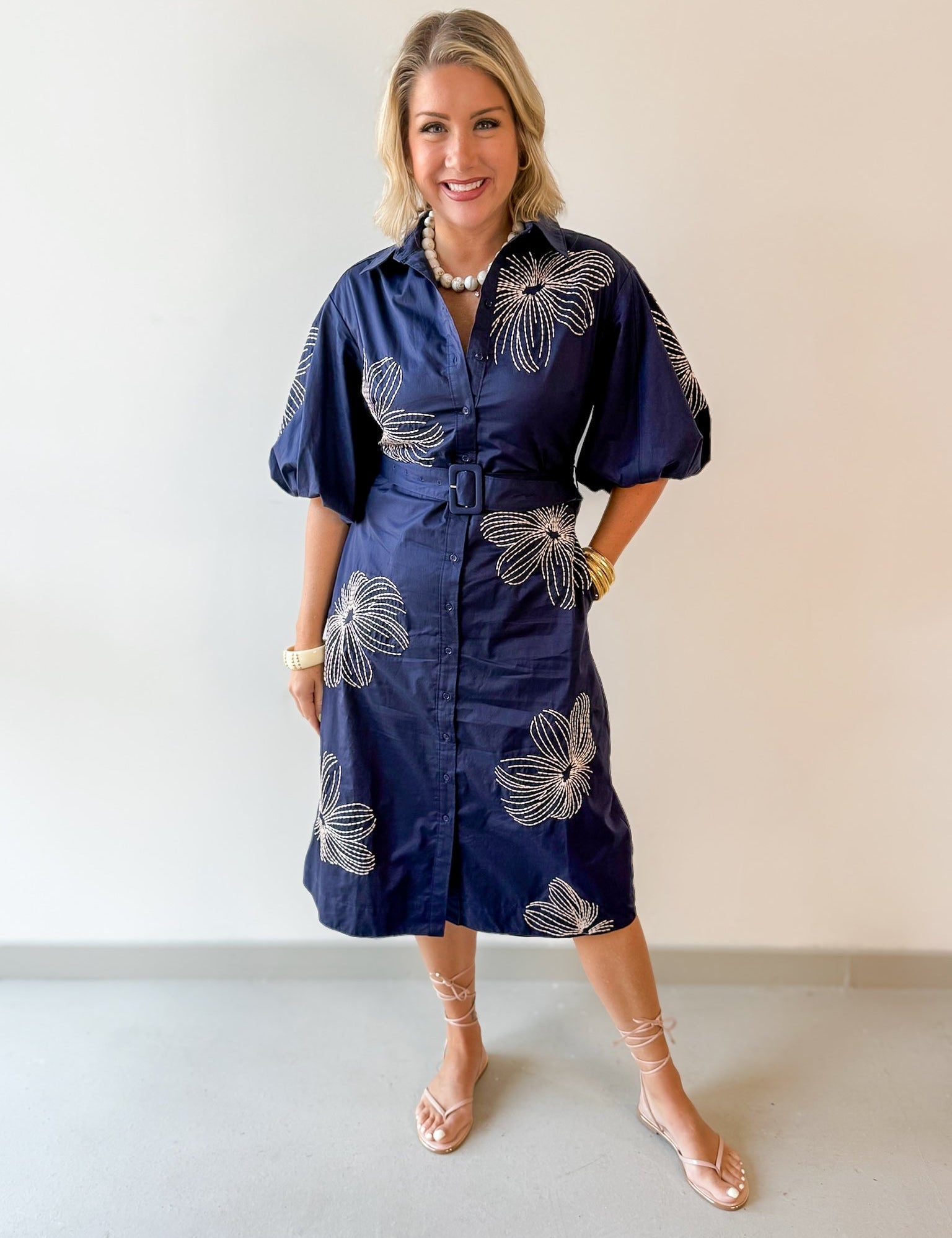 Belted Puff Sleeve Midi Dress
