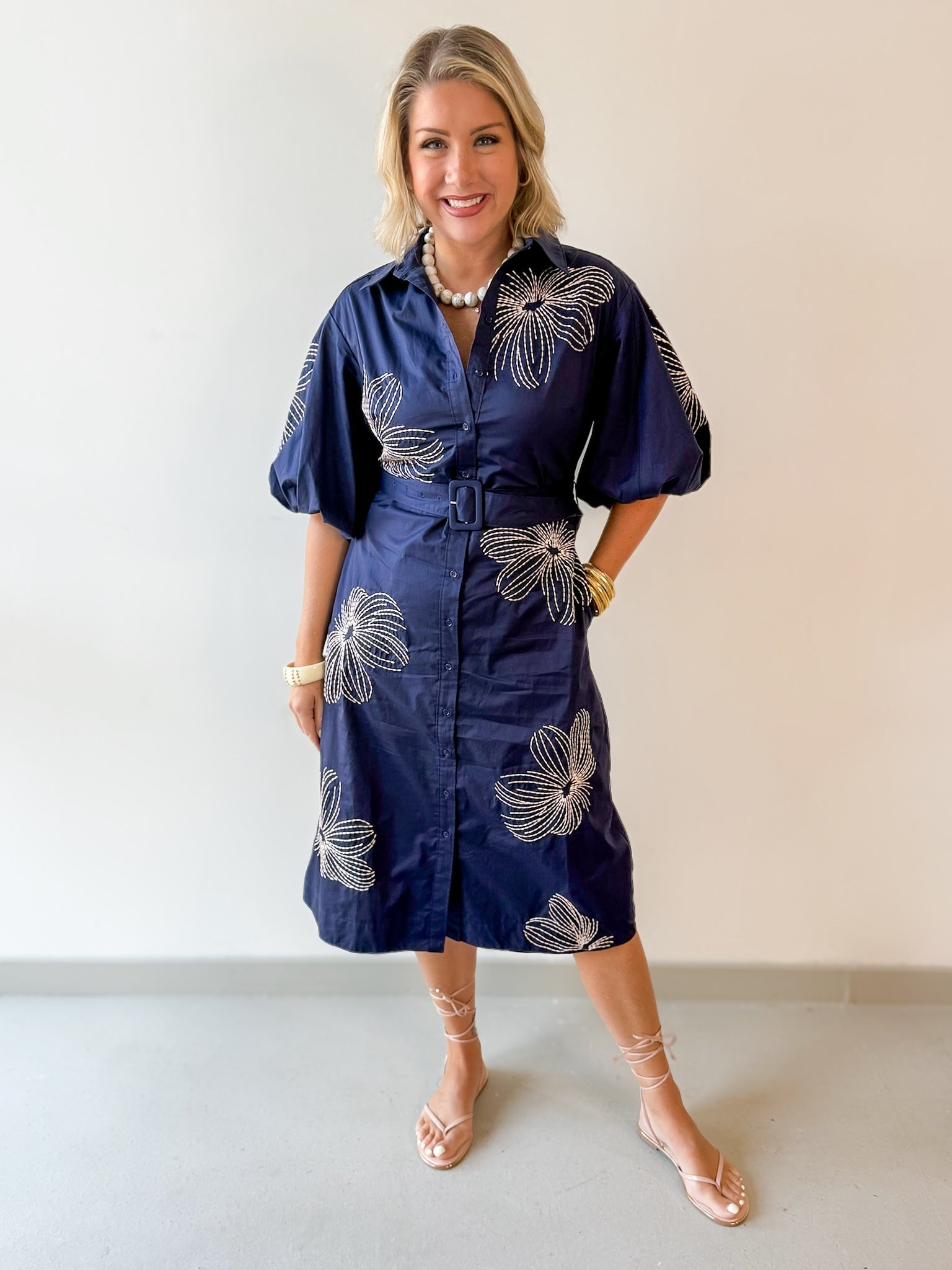Belted Puff Sleeve Midi Dress
