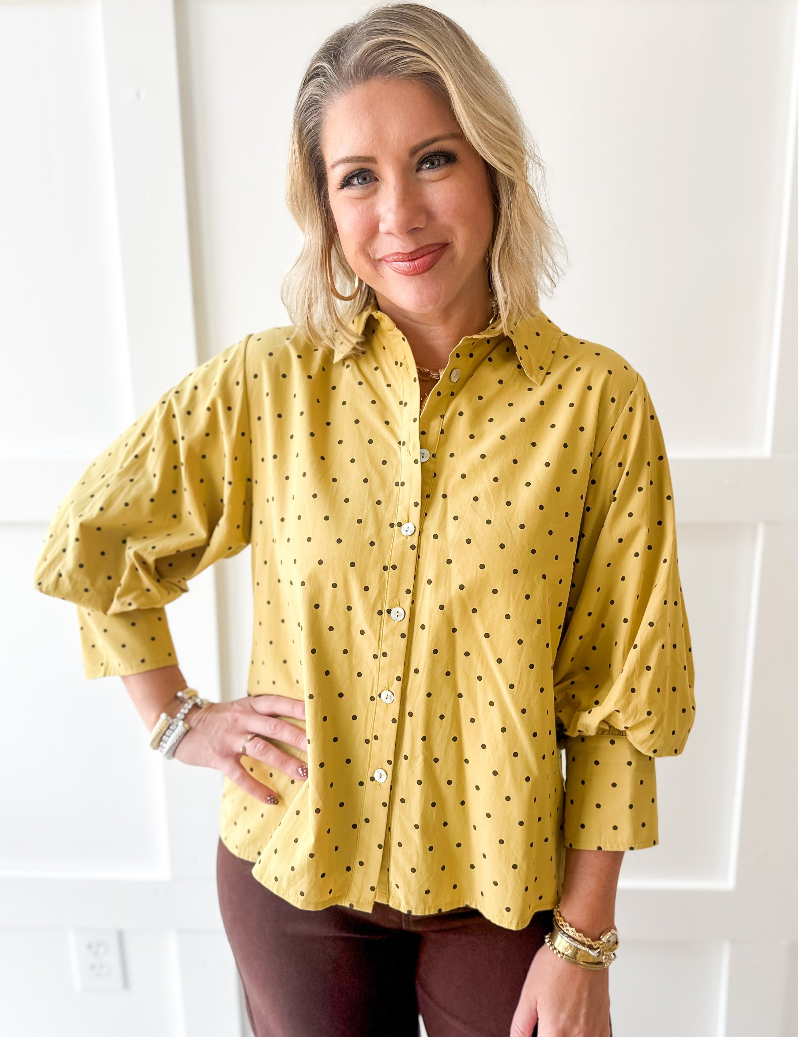 Bishop Sleeve Polka Dot Top - Mustard