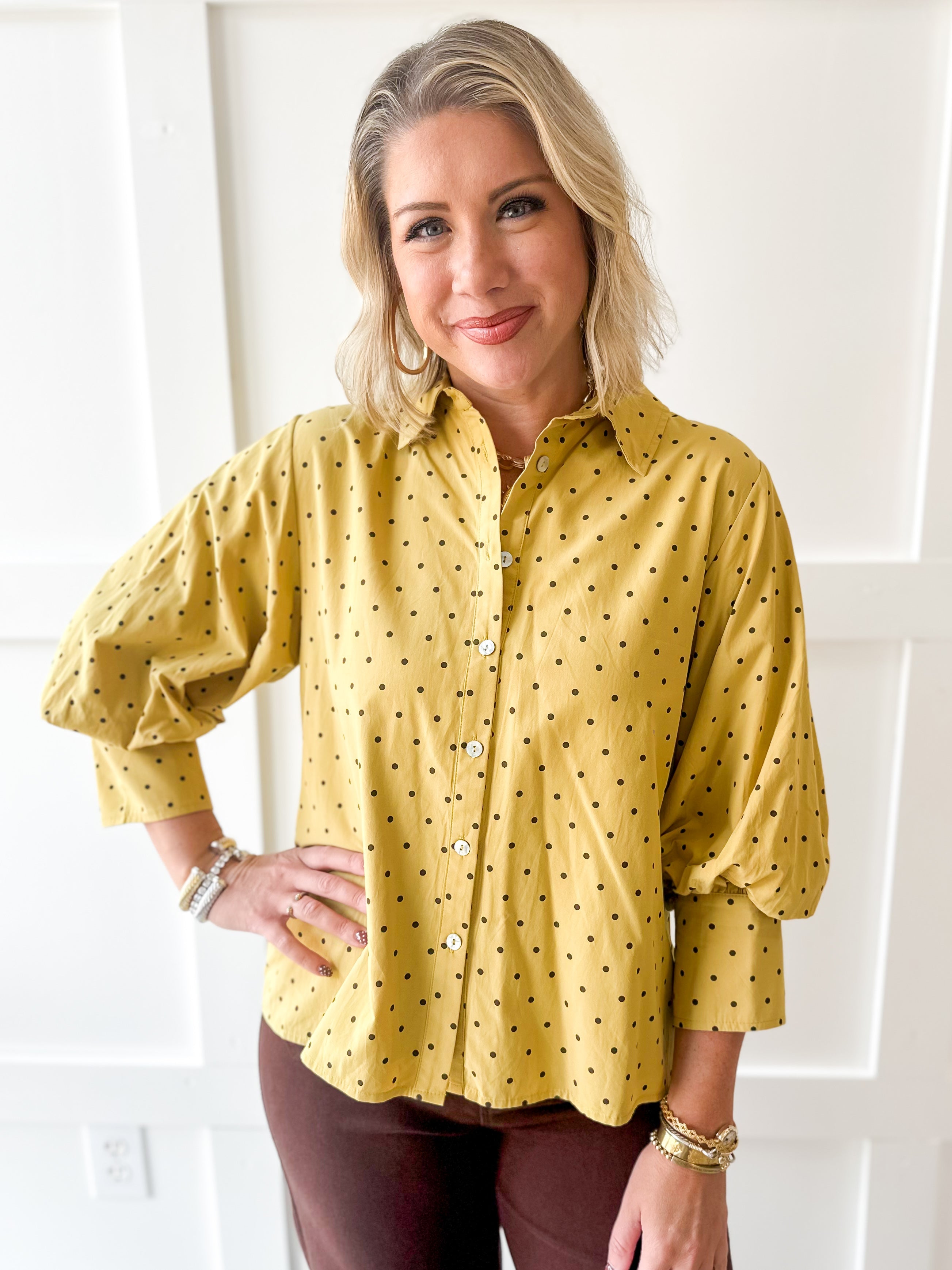 Bishop Sleeve Polka Dot Top - Mustard