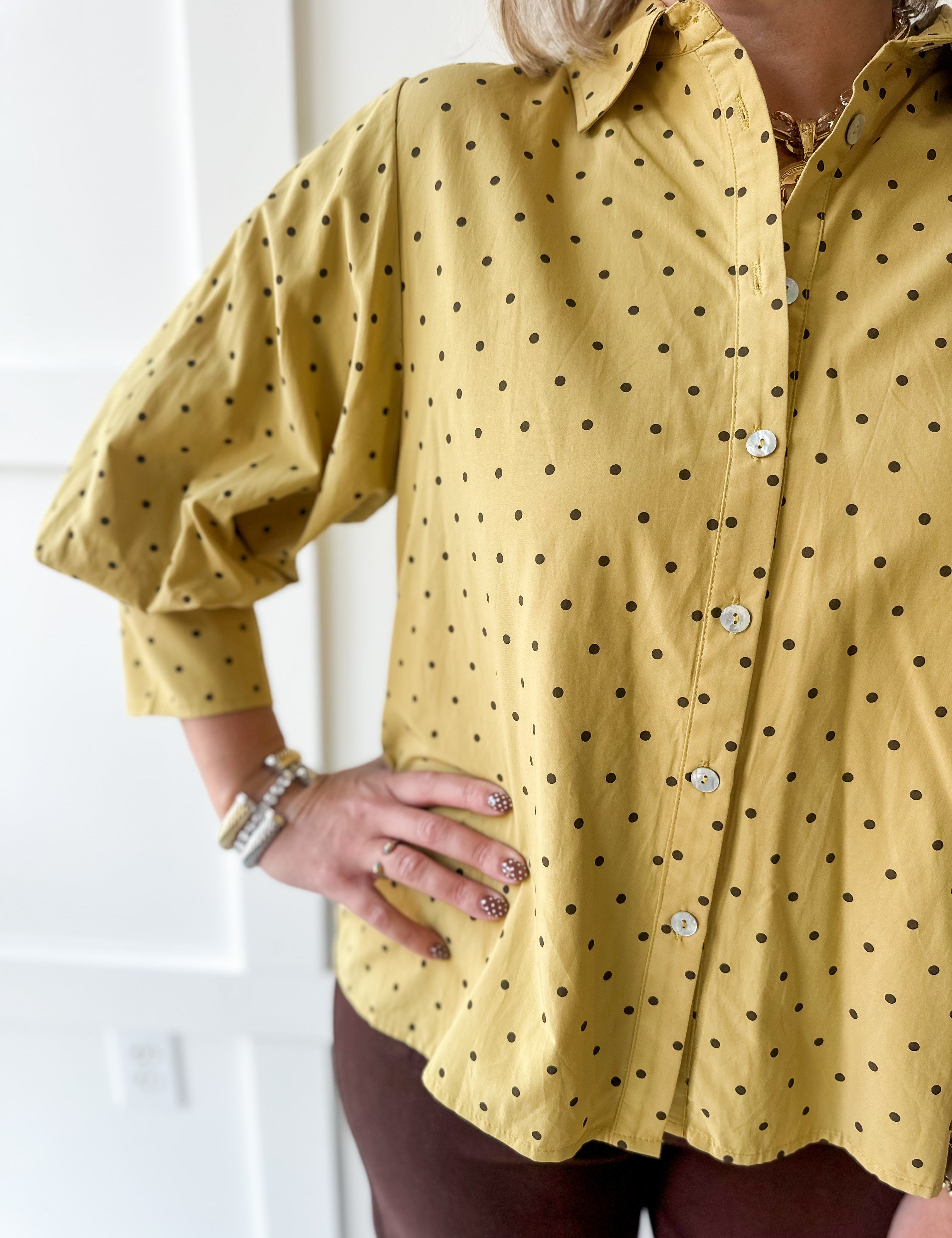 Bishop Sleeve Polka Dot Top - Mustard
