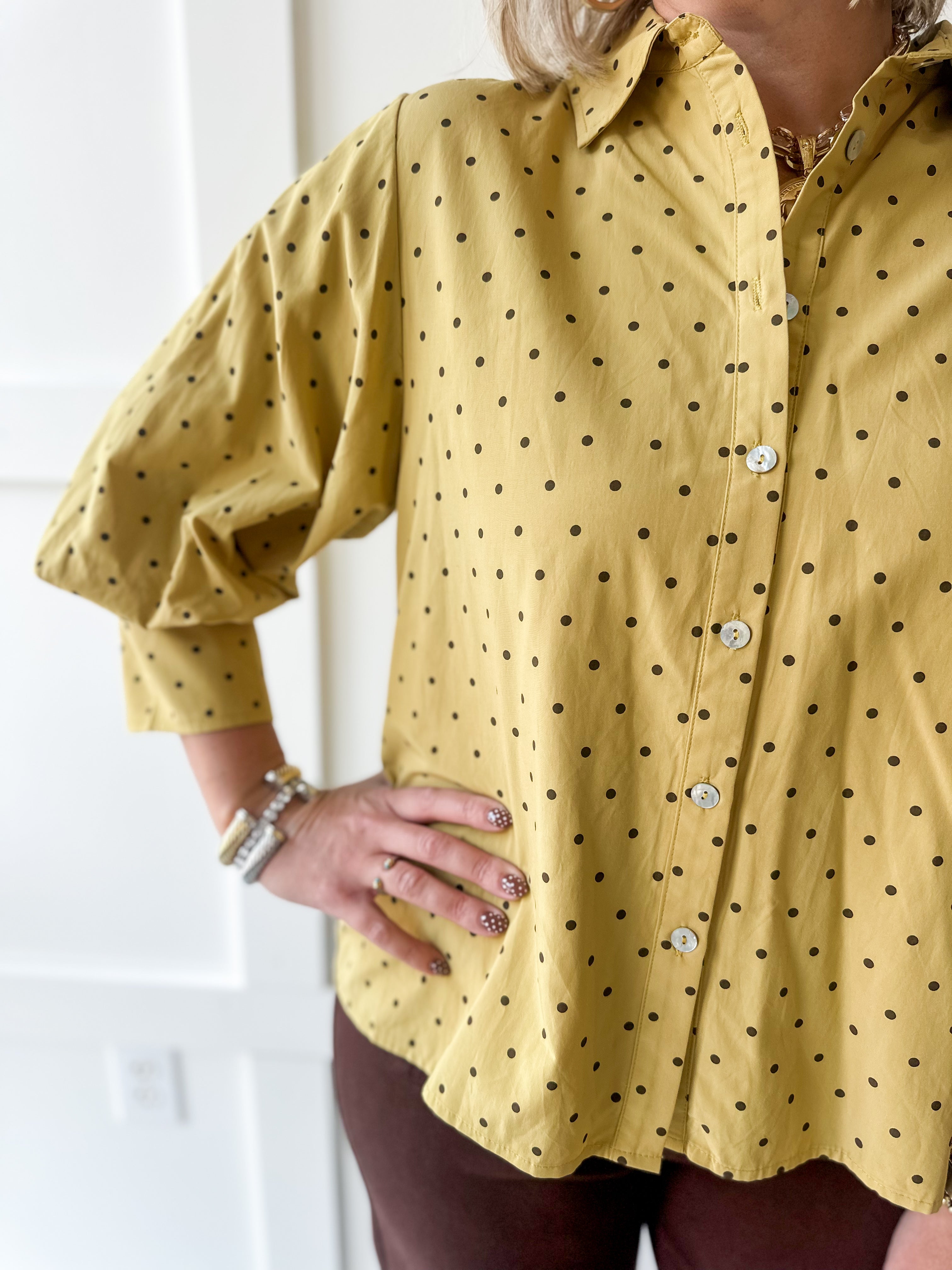 Bishop Sleeve Polka Dot Top - Mustard