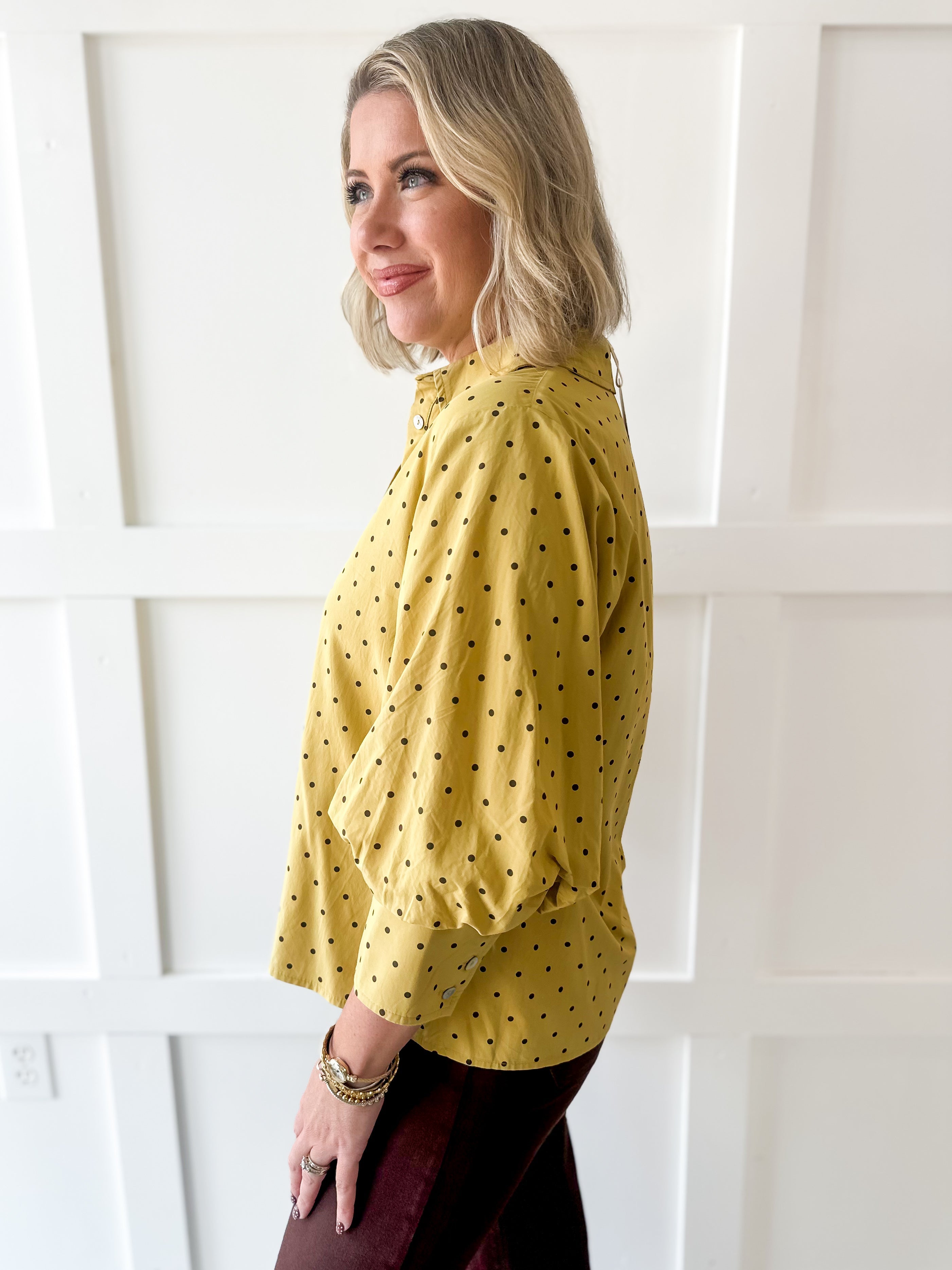 Bishop Sleeve Polka Dot Top - Mustard