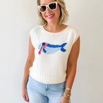 Boat Neck USA Fish Graphic Knit Top