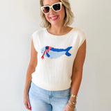 Boat Neck USA Fish Graphic Knit Top