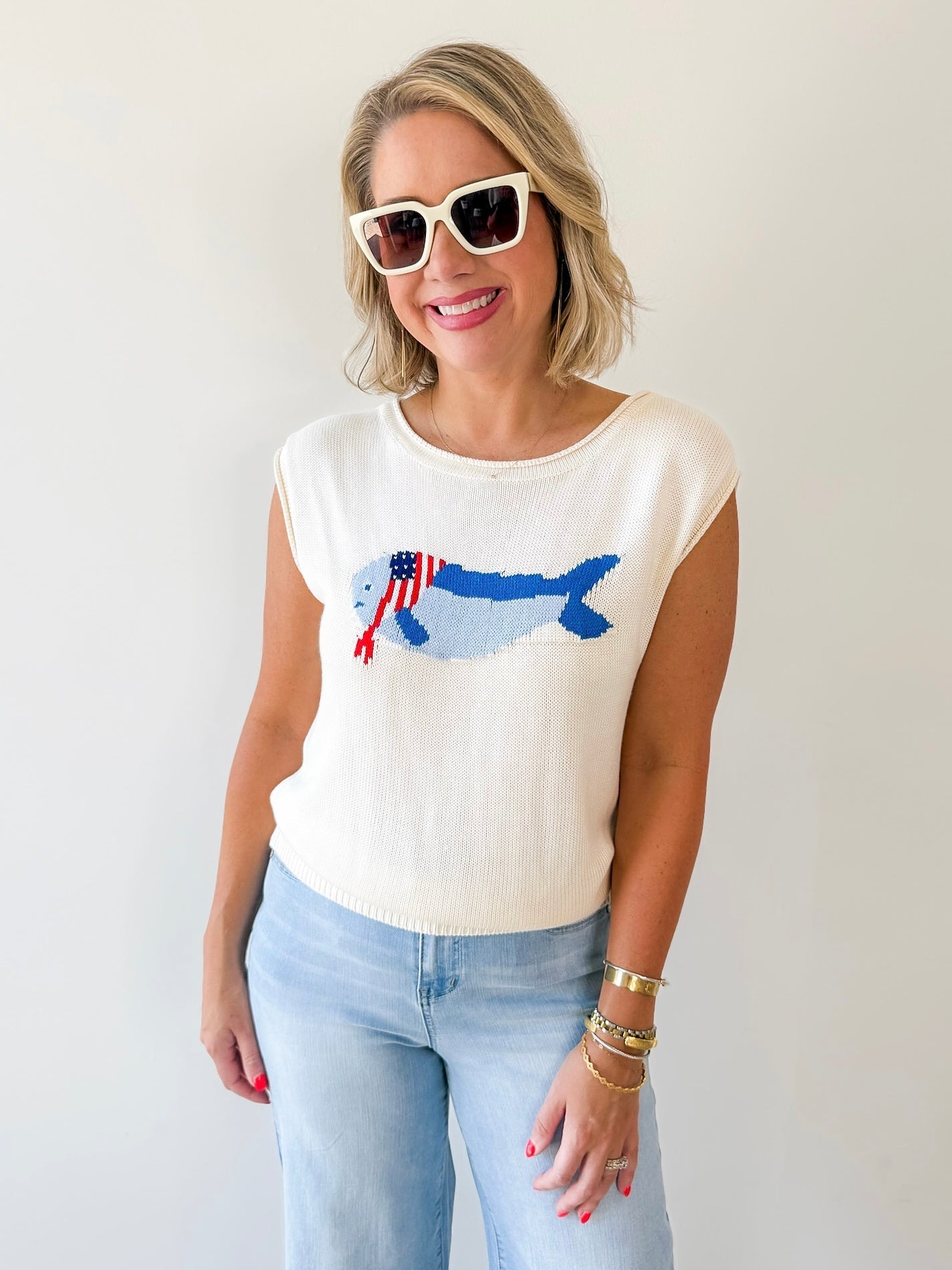 Boat Neck USA Fish Graphic Knit Top