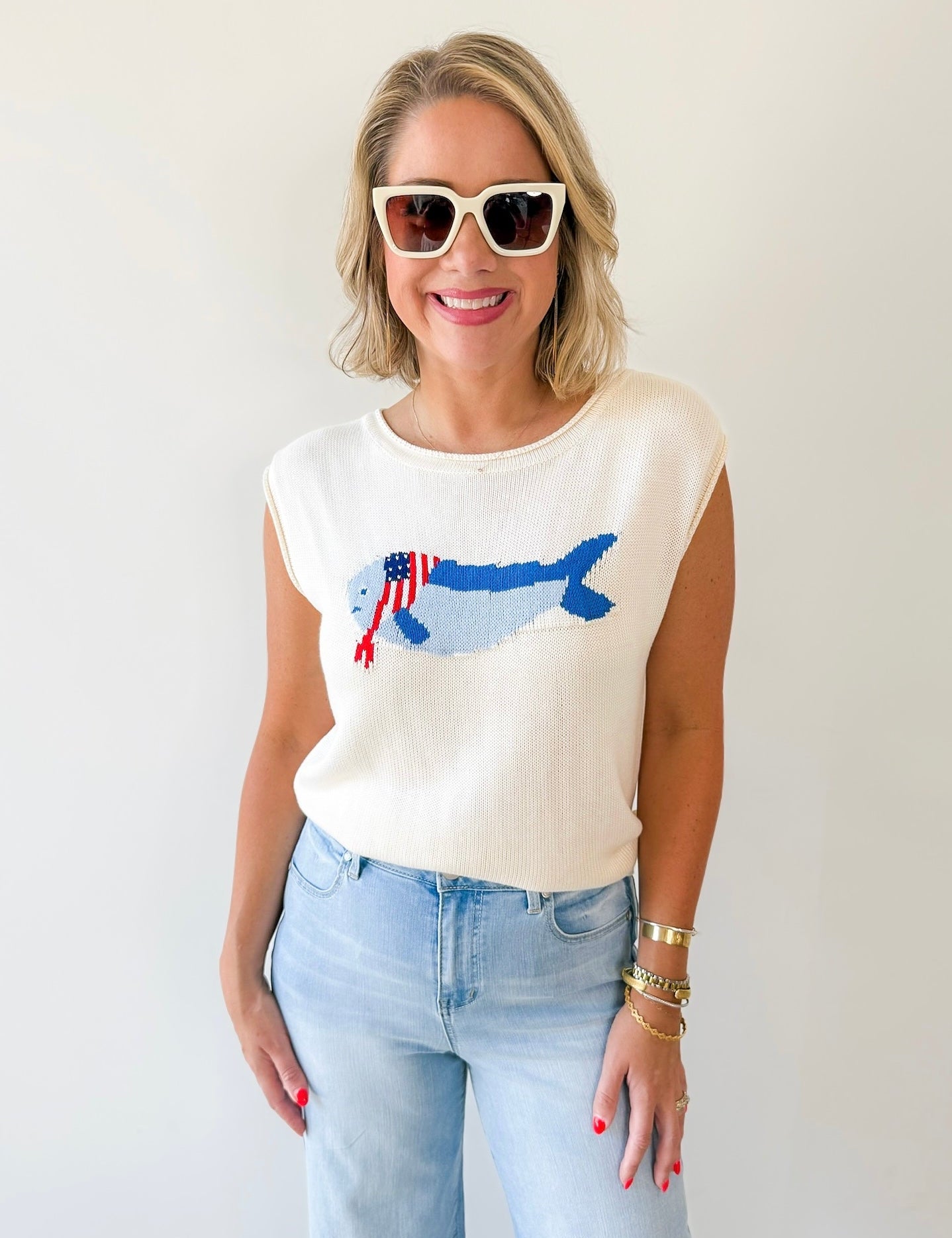 Boat Neck USA Fish Graphic Knit Top