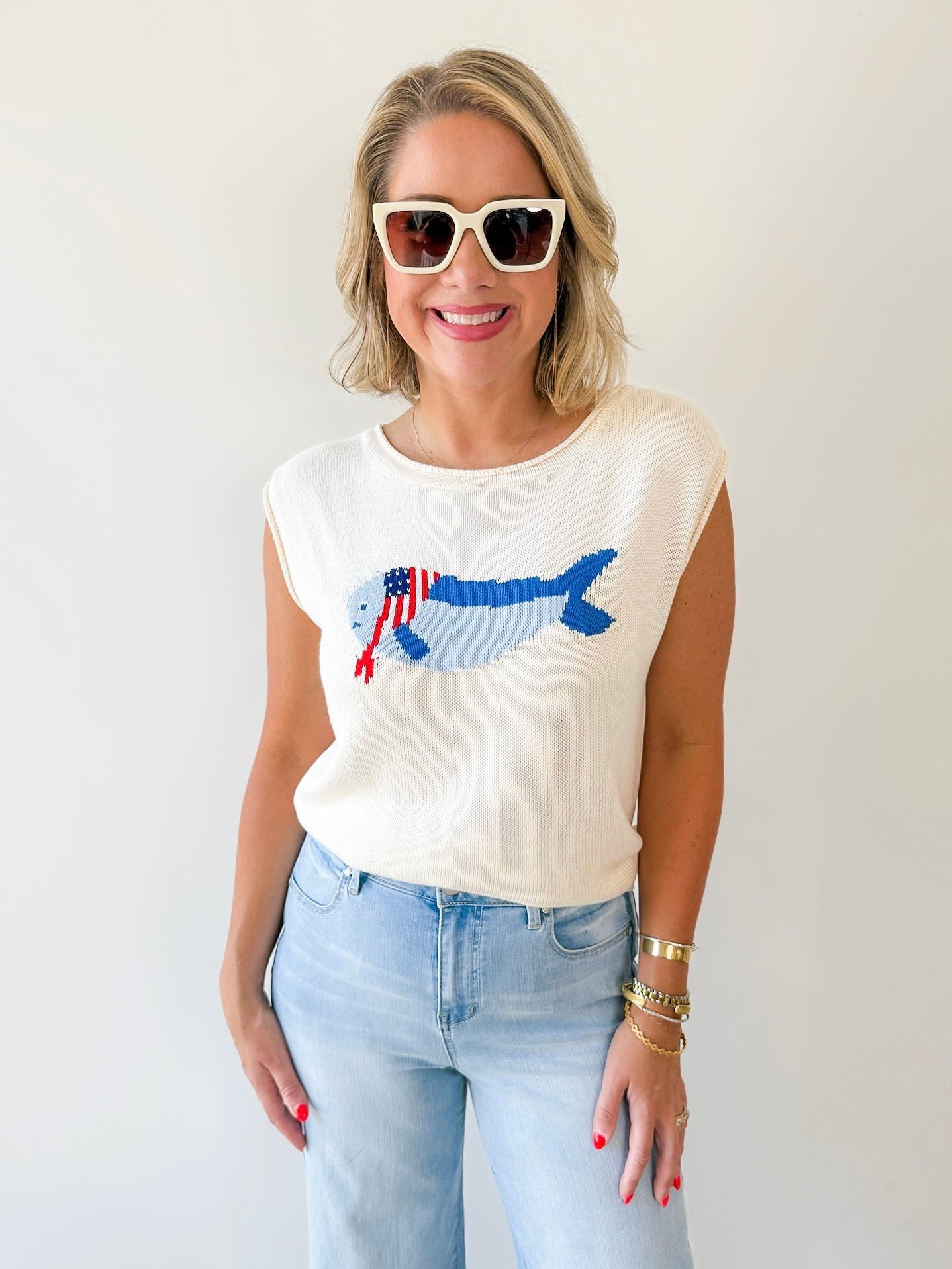 Boat Neck USA Fish Graphic Knit Top
