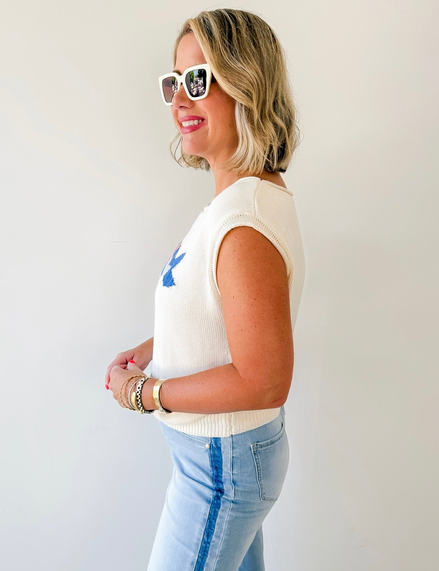Boat Neck USA Fish Graphic Knit Top
