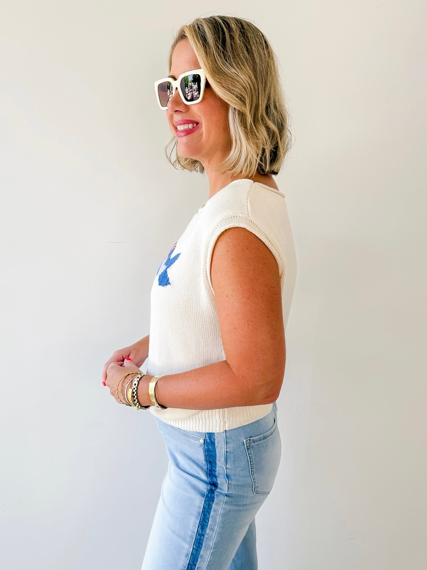Boat Neck USA Fish Graphic Knit Top
