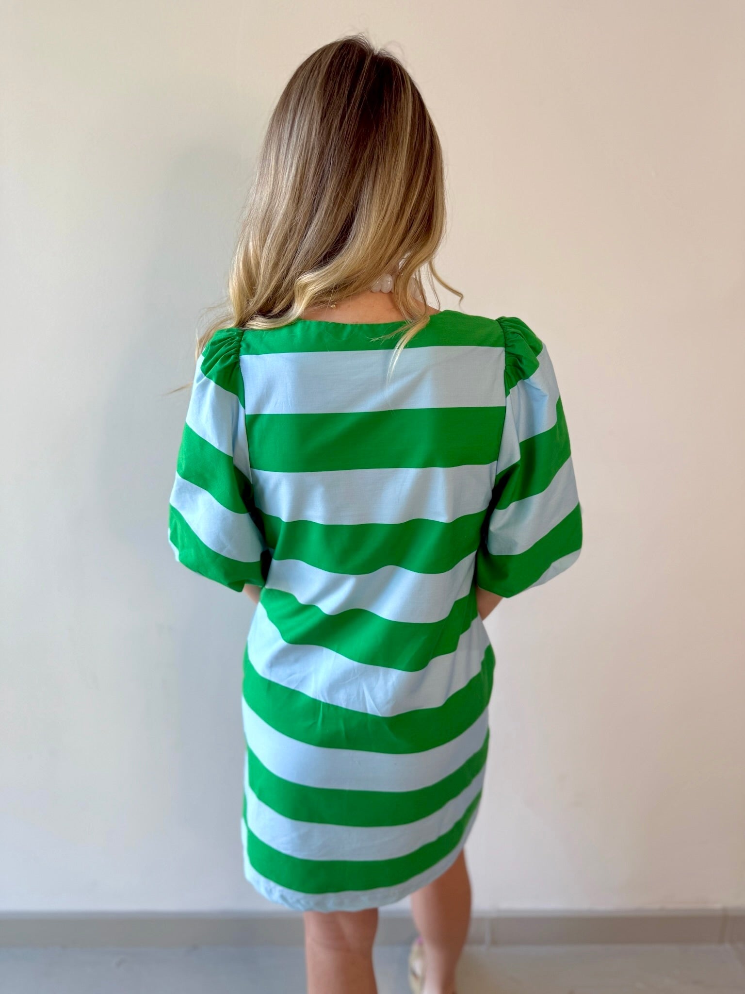 Bold stripe short puff sleeve mini dress