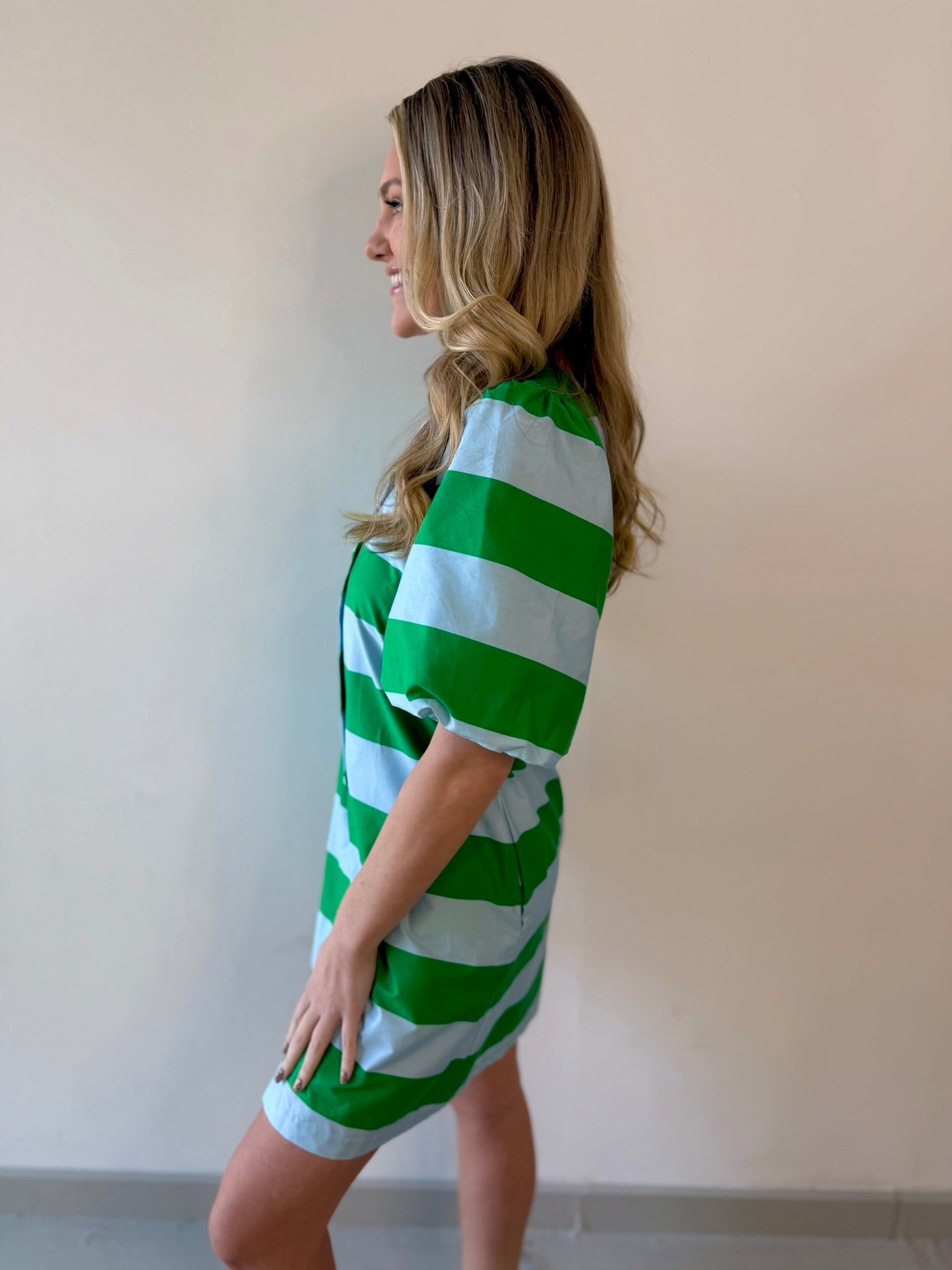 Bold stripe short puff sleeve mini dress