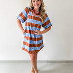 Bold Stripe Short Puff Sleeve Mini Dress - Camel