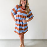 Bold Stripe Short Puff Sleeve Mini Dress - Camel