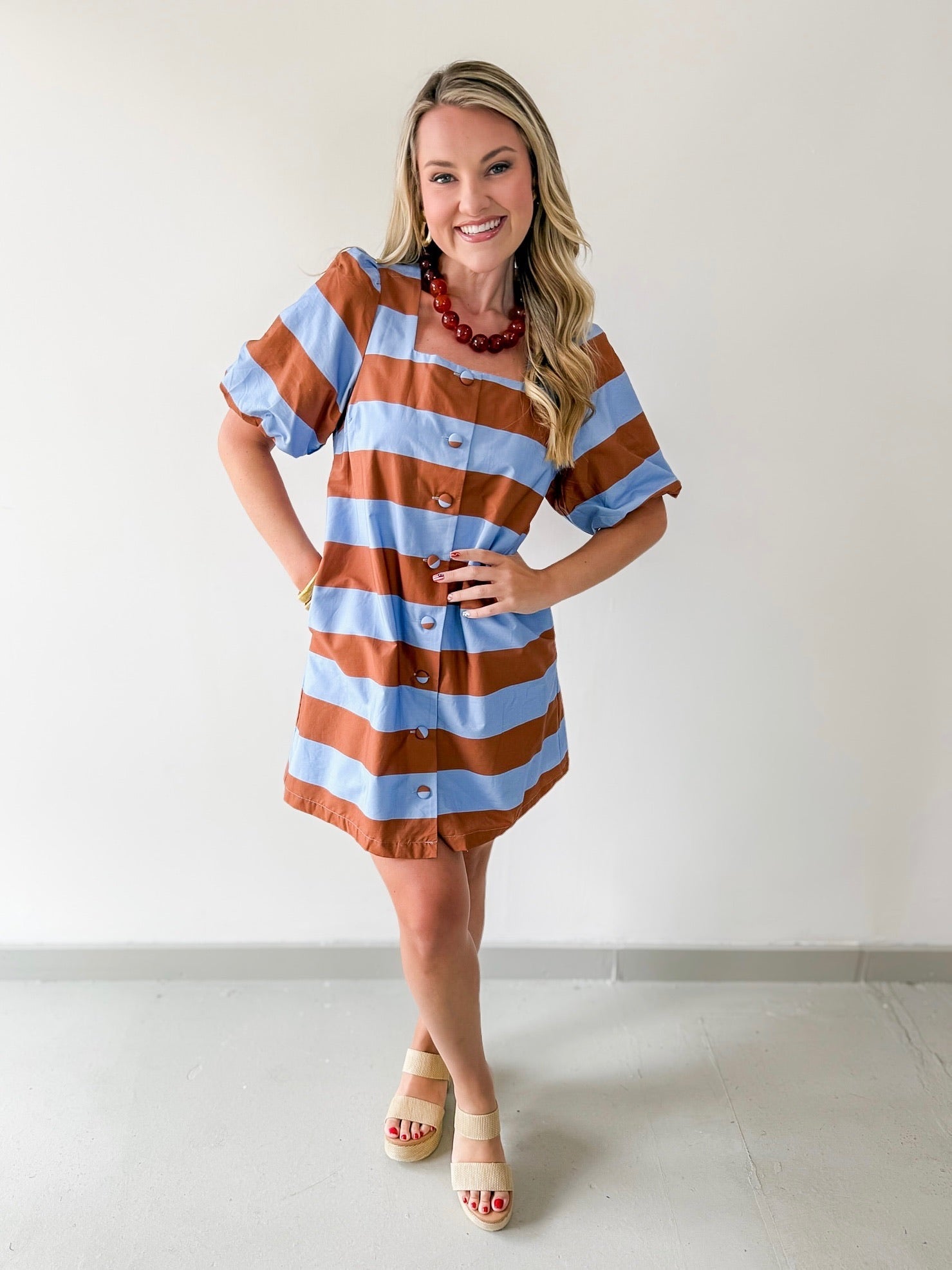 Bold Stripe Short Puff Sleeve Mini Dress - Camel
