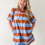 Bold Stripe Short Puff Sleeve Mini Dress - Camel
