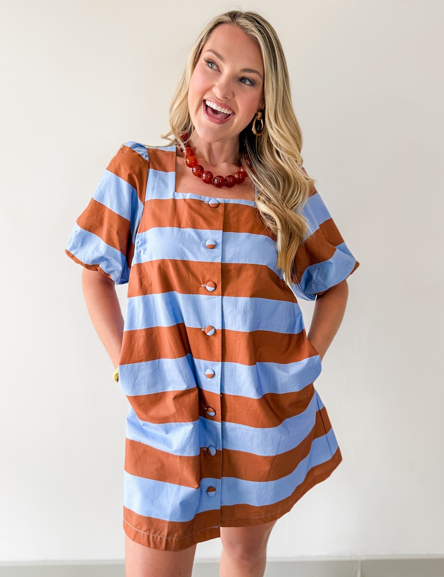Bold Stripe Short Puff Sleeve Mini Dress - Camel