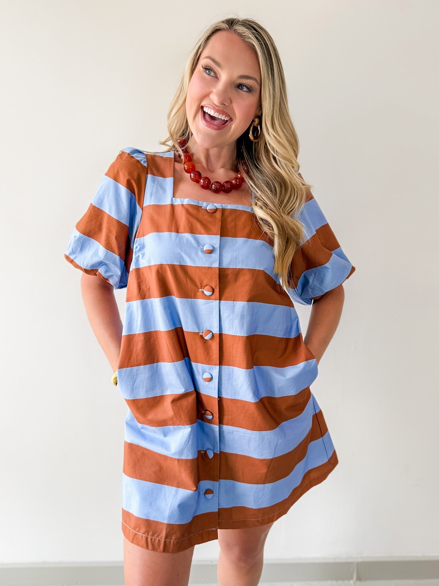 Bold Stripe Short Puff Sleeve Mini Dress - Camel