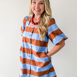 Bold Stripe Short Puff Sleeve Mini Dress - Camel