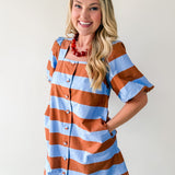 Bold Stripe Short Puff Sleeve Mini Dress - Camel