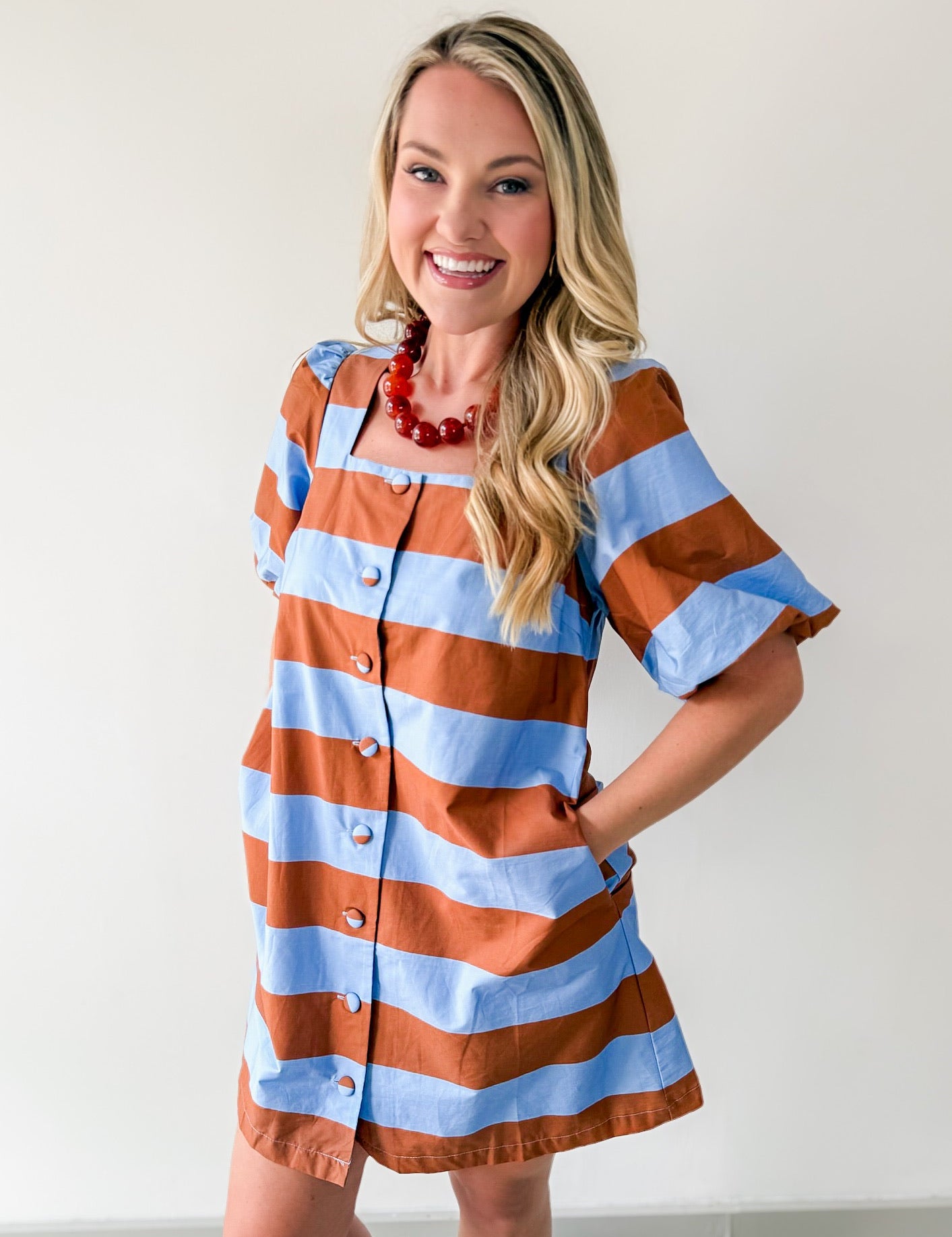 Bold Stripe Short Puff Sleeve Mini Dress - Camel