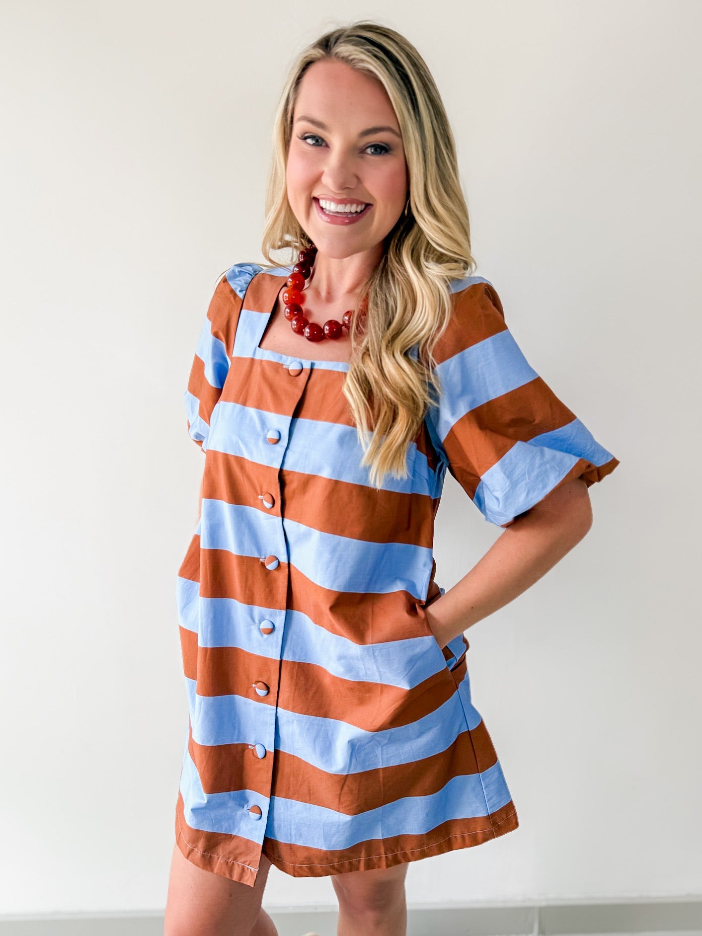 Bold Stripe Short Puff Sleeve Mini Dress - Camel