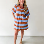 Bold Stripe Short Puff Sleeve Mini Dress - Camel