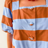 Bold Stripe Short Puff Sleeve Mini Dress - Camel