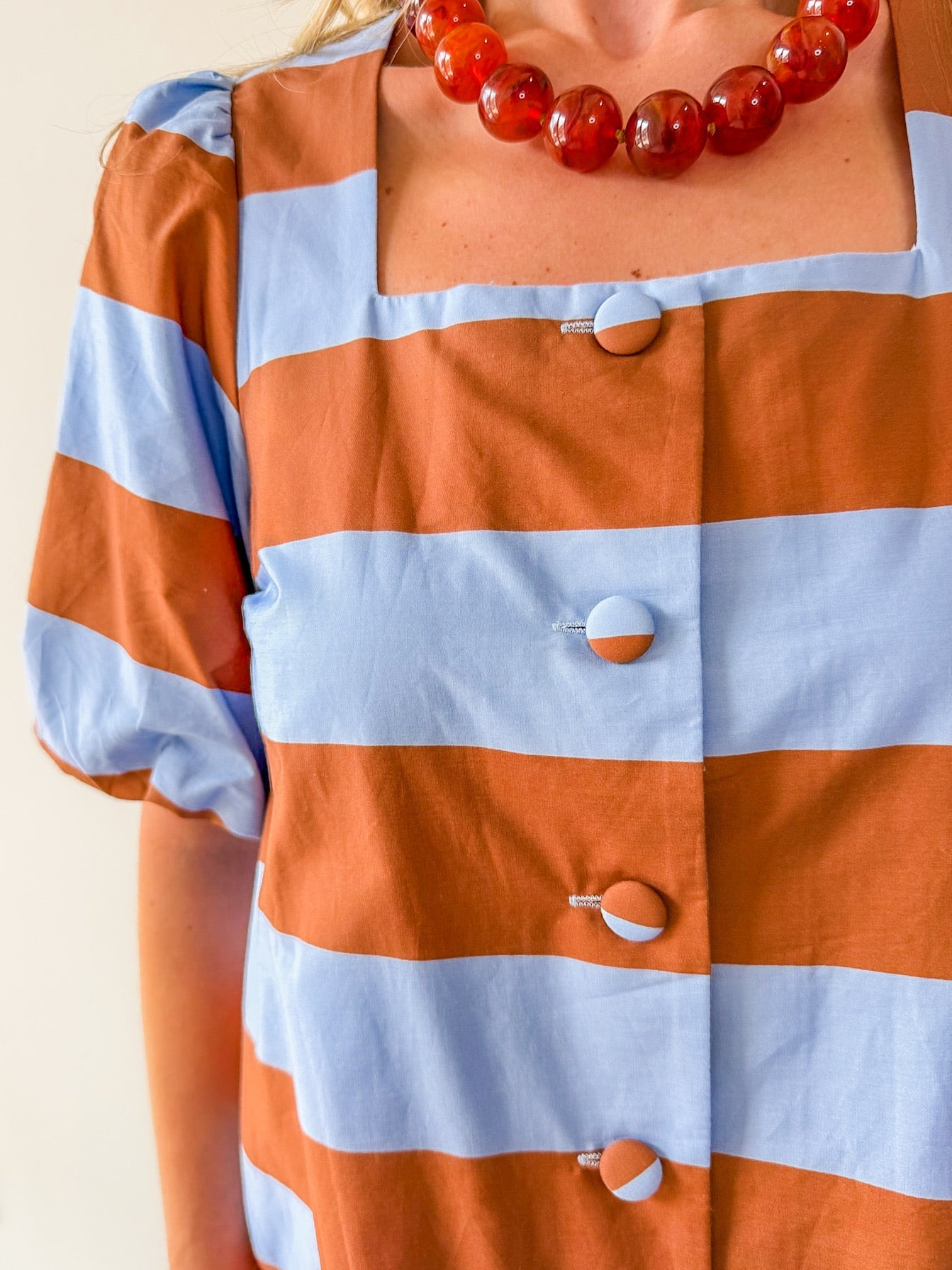 Bold Stripe Short Puff Sleeve Mini Dress - Camel