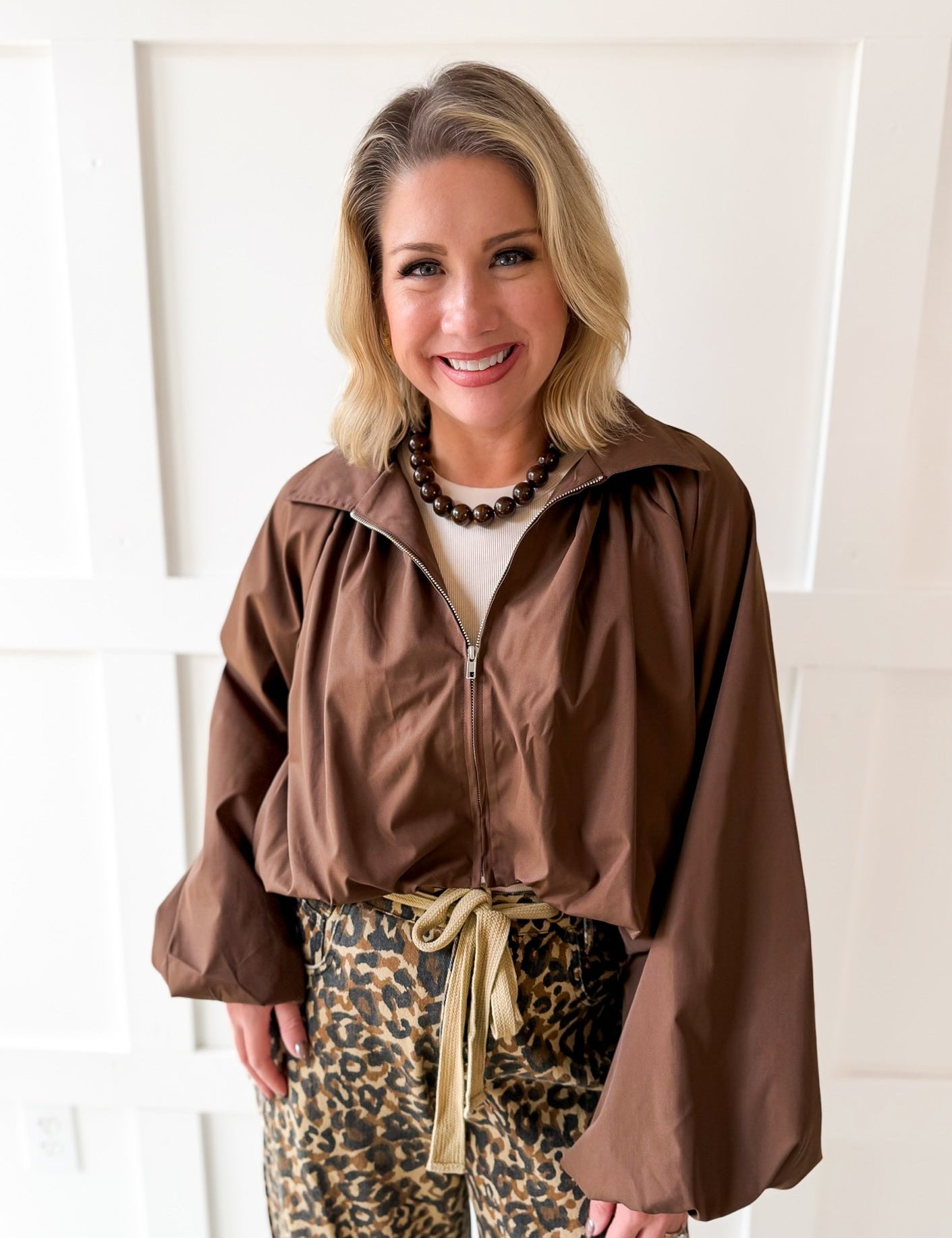Bomber Jacket with Puff Sleeves - Brown