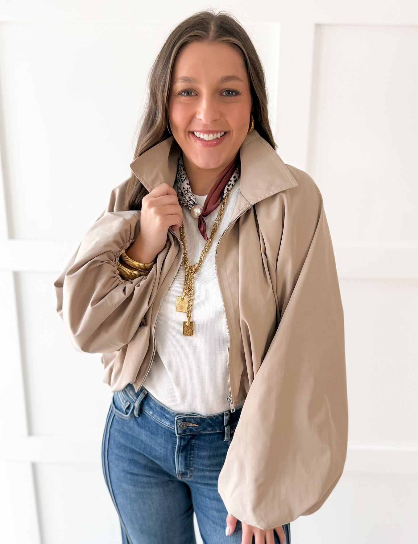 Bomber Jacket with Puff Sleeves - Taupe