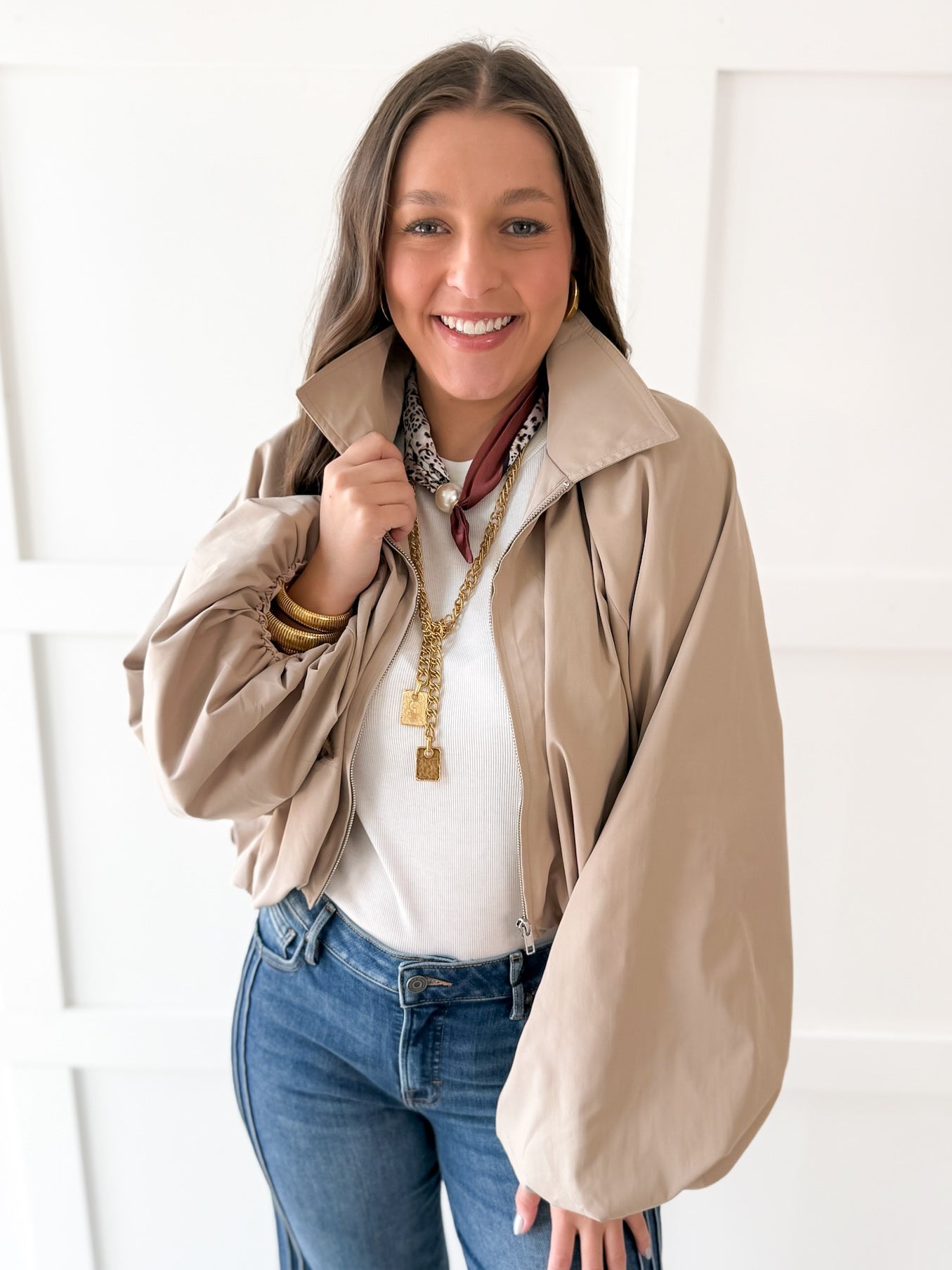 Bomber Jacket with Puff Sleeves - Taupe