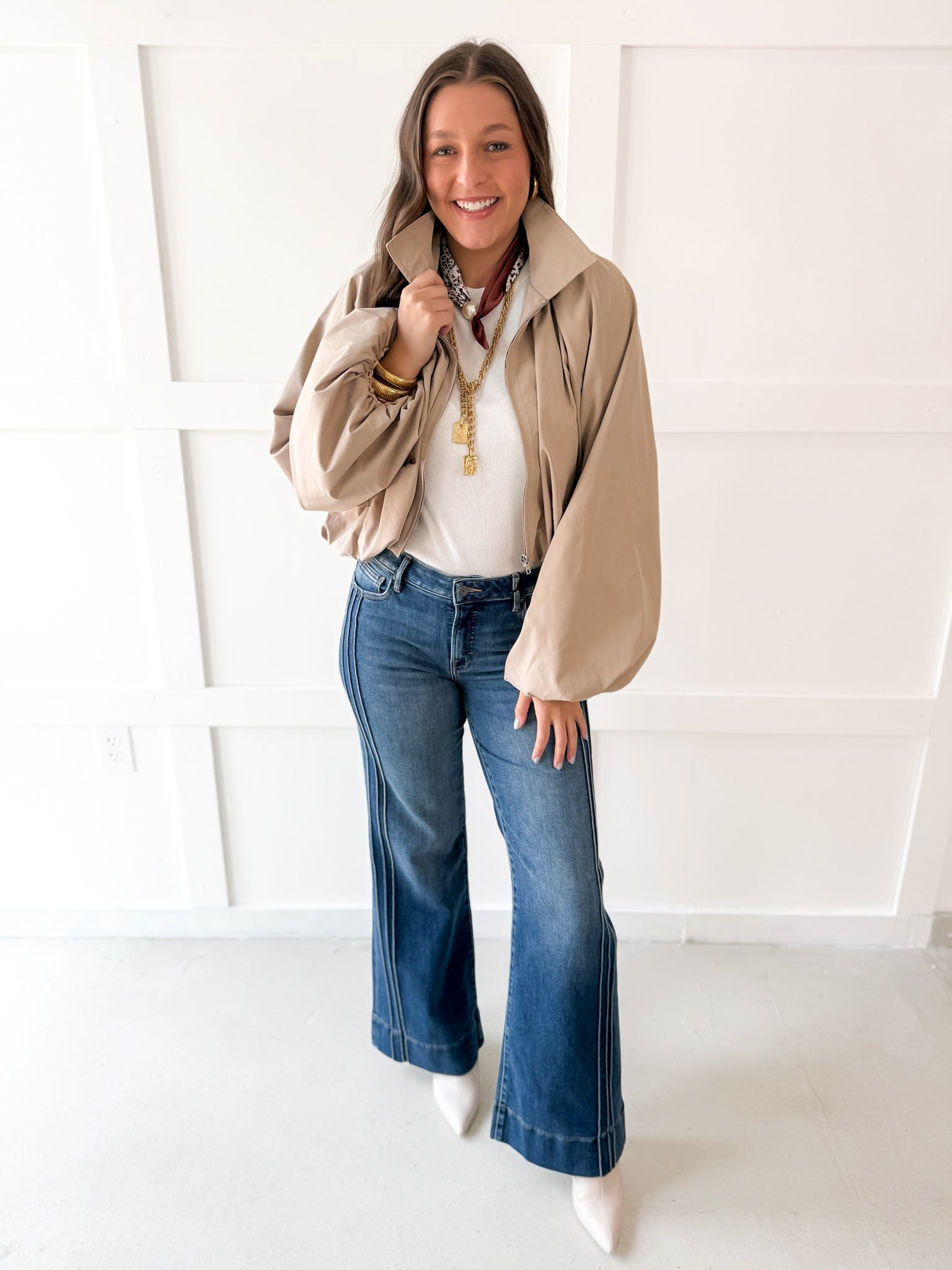 Bomber Jacket with Puff Sleeves - Taupe
