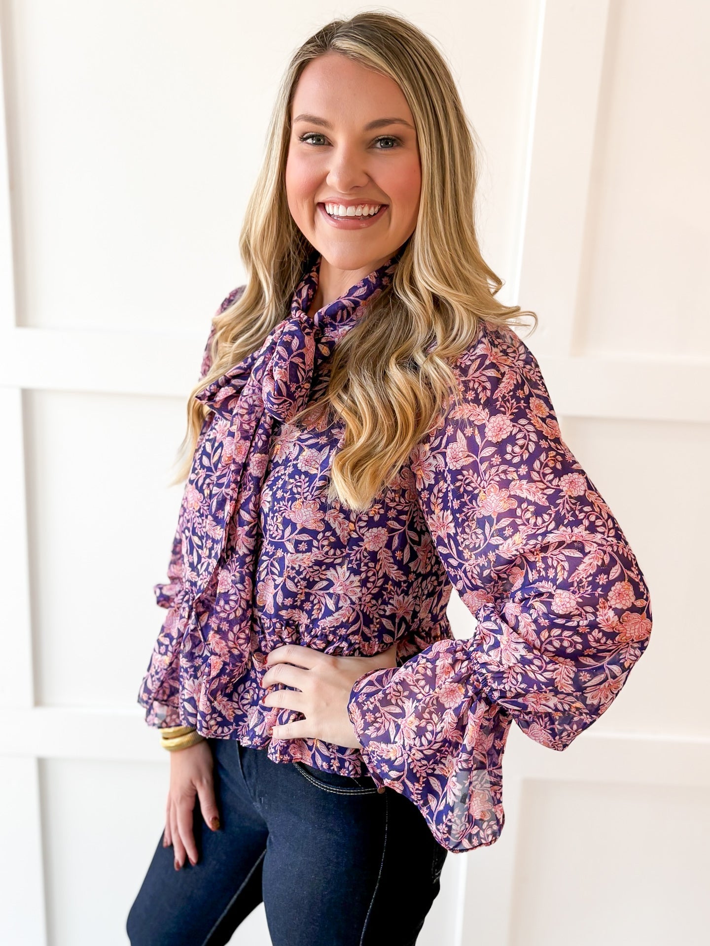 Botanical Print Lurex Bow Blouse