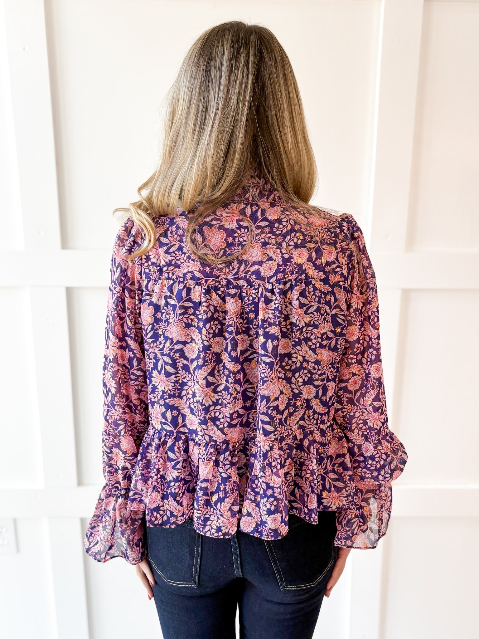 Botanical Print Lurex Bow Blouse
