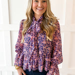 Botanical Print Lurex Bow Blouse
