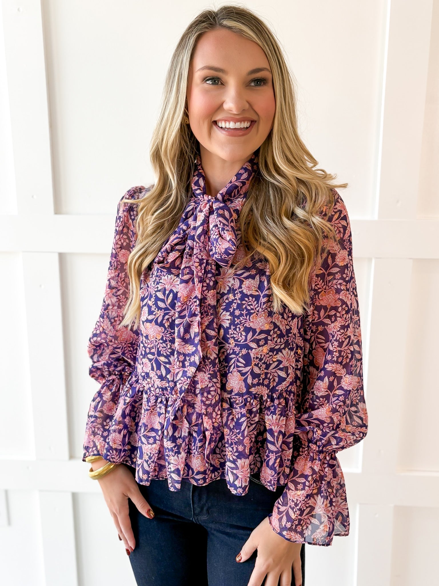 Botanical Print Lurex Bow Blouse