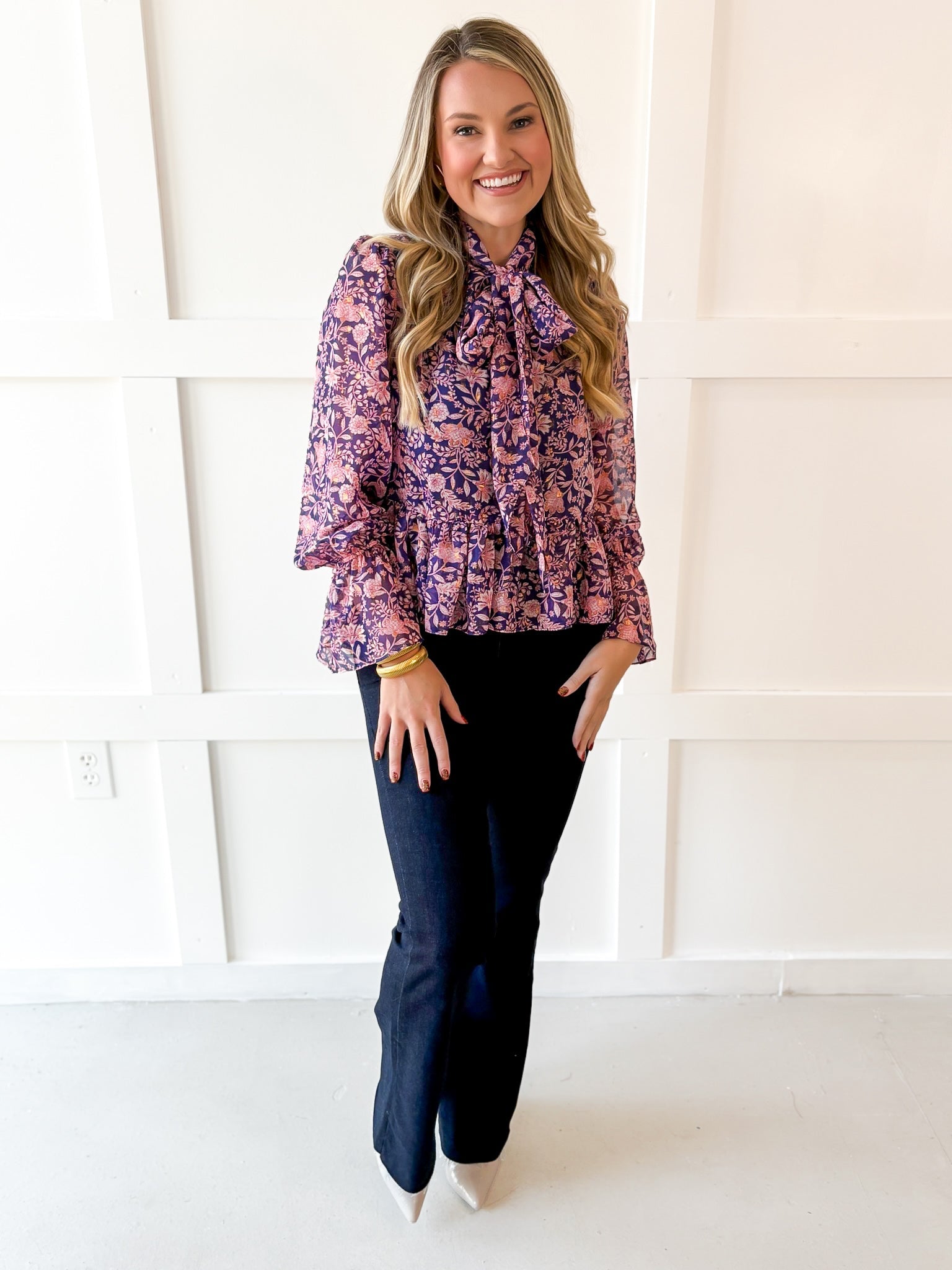Botanical Print Lurex Bow Blouse