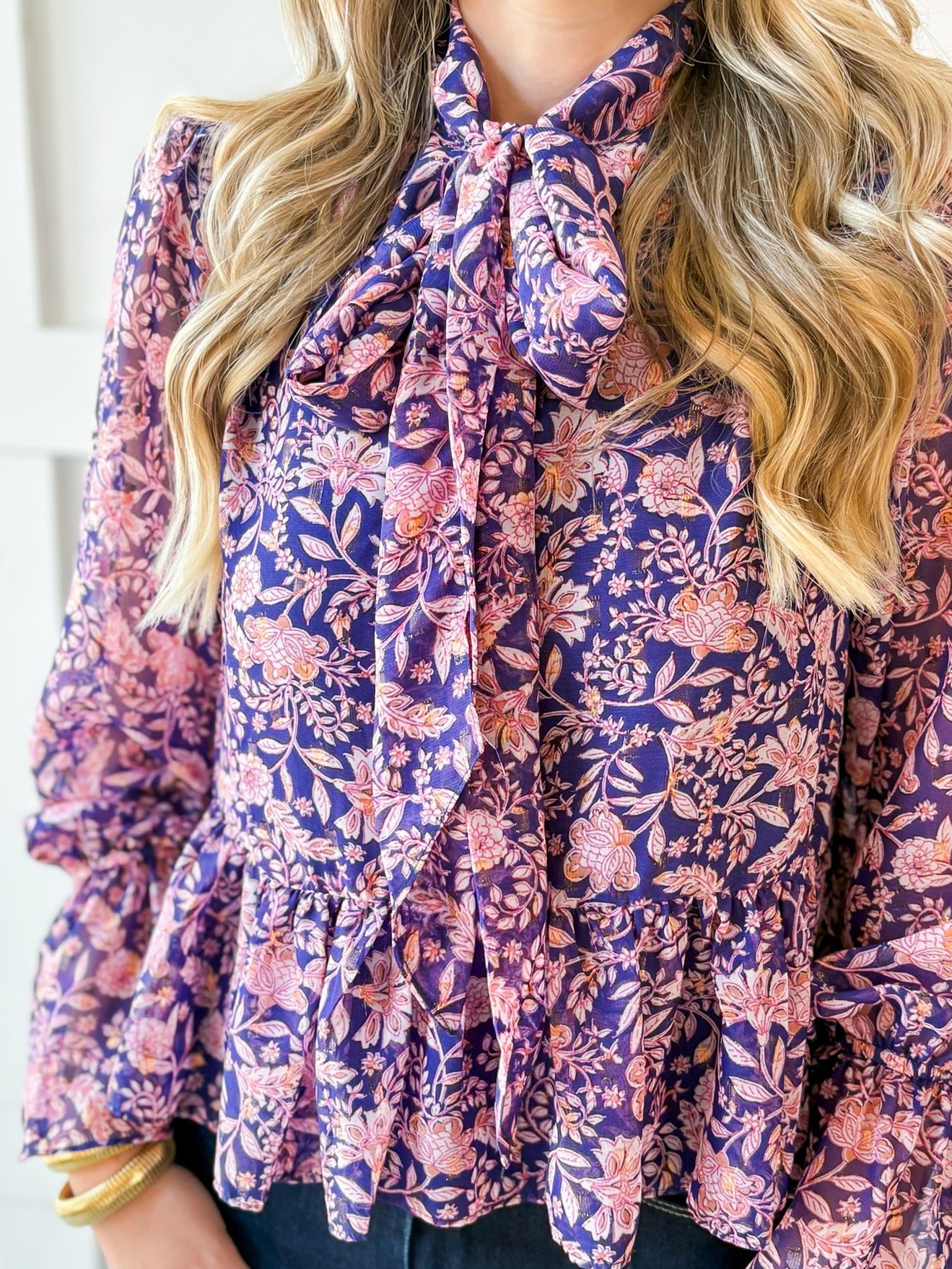 Botanical Print Lurex Bow Blouse