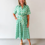 Botanical Print Shirt Sleeve Midi Dress - Green