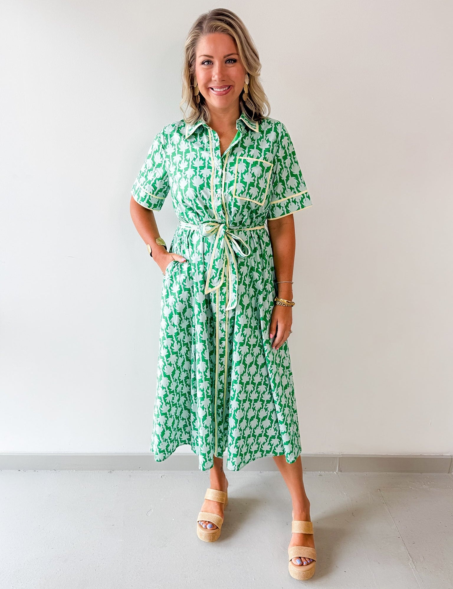 Botanical Print Shirt Sleeve Midi Dress - Green