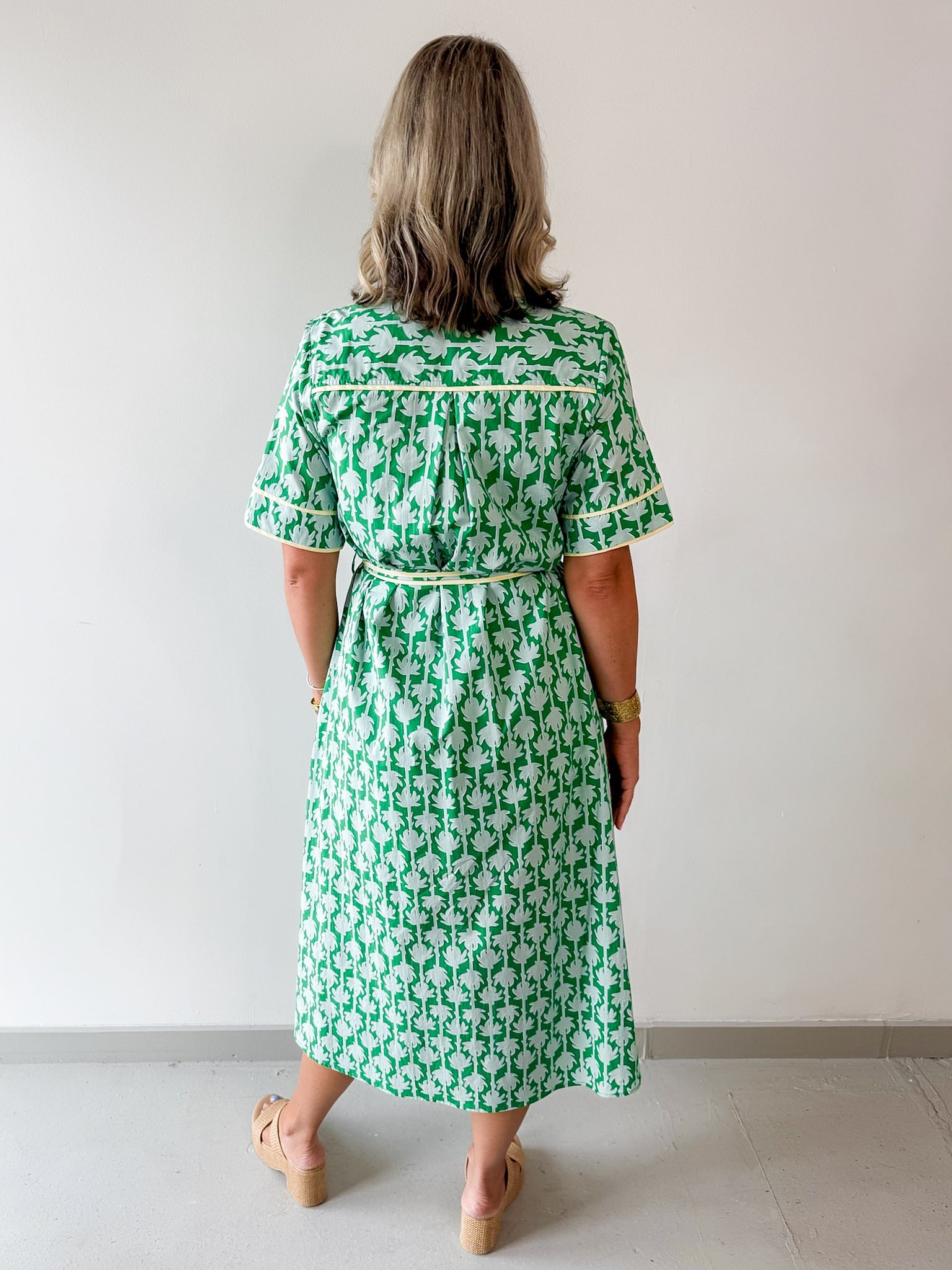 Botanical Print Shirt Sleeve Midi Dress - Green