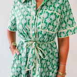 Botanical Print Shirt Sleeve Midi Dress - Green