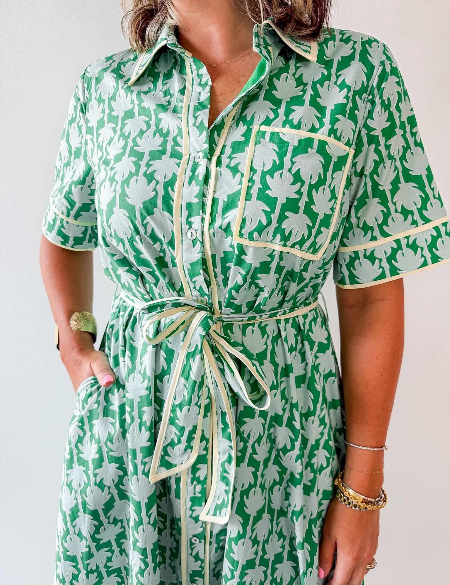 Botanical Print Shirt Sleeve Midi Dress - Green