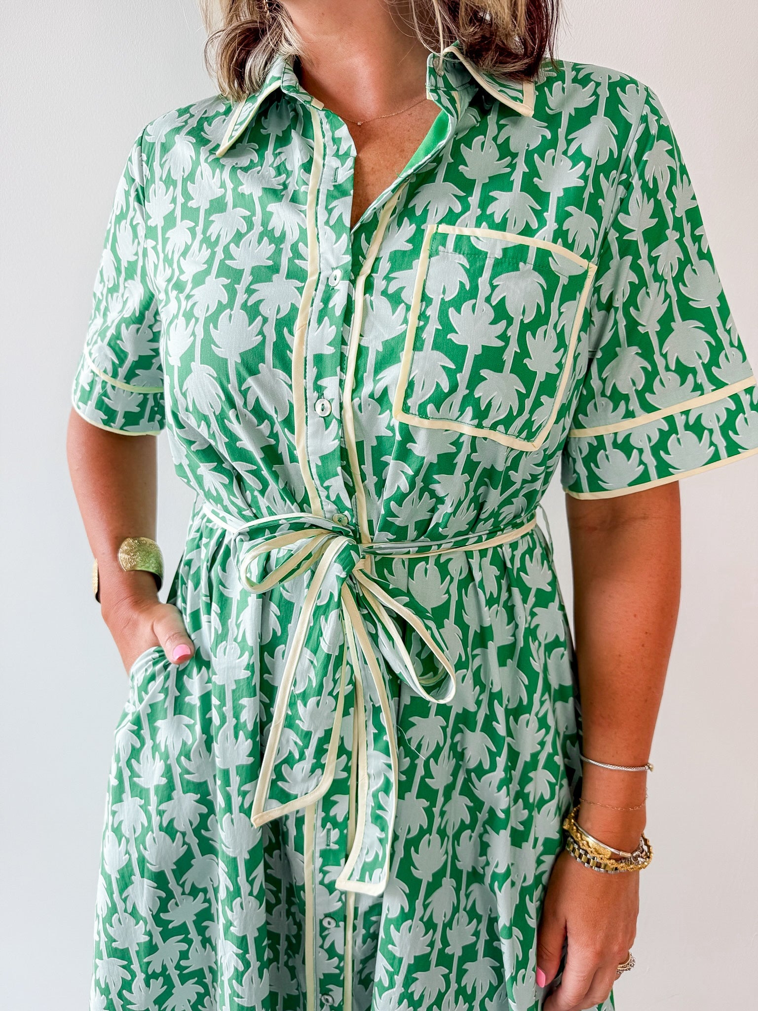 Botanical Print Shirt Sleeve Midi Dress - Green