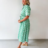 Botanical Print Shirt Sleeve Midi Dress - Green